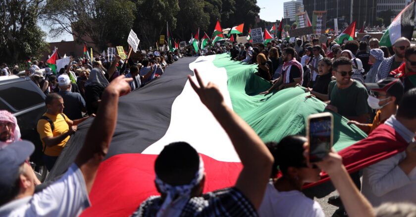 Thousands of pro-Palestinian demonstrators gather at Israeli Consulate in West L.A.