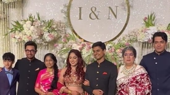 Ira Khan Nupur Shikhare wedding reception Aamir poses with full