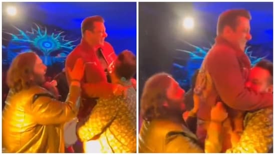 Salman Khan and Anant Ambani during Akon's performance. Salman Khan and Anant Ambani during Akon's performance.