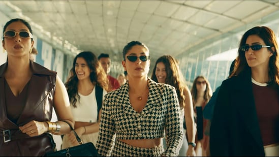Tabu, Kareena Kapoor and Kriti Sanon in a still from Crew. Tabu, Kareena Kapoor and Kriti Sanon in a still from Crew.