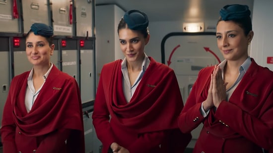 Kareena Kapoor, Kriti Sanon and Tabu in a still from Crew. Kareena Kapoor, Kriti Sanon and Tabu in a still from Crew.