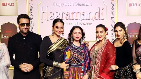 Fardeen Khan and other cast members pose for a picture at the premiere of their Sanjay Leela Bhansali web series Heeramandi: The Diamond Bazaar in Mumbai on Wednesday. (ANI) Fardeen Khan and other cast members pose for a picture at the premiere of their Sanjay Leela Bhansali web series Heeramandi: The Diamond Bazaar in Mumbai on Wednesday. (ANI)