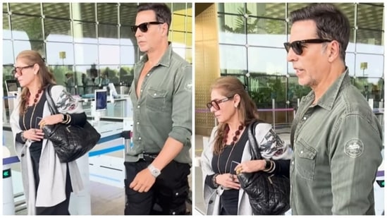 Akshay leaves with Dimple Kapadia at Mumbai airport on Monday. Akshay leaves with Dimple Kapadia at Mumbai airport on Monday.