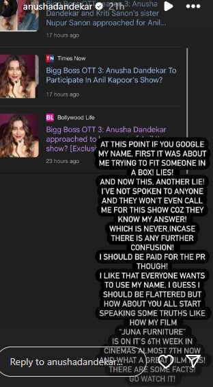 A screen grab of Anusha Dandekhar's Instagram stories. A screen grab of Anusha Dandekhar's Instagram stories.