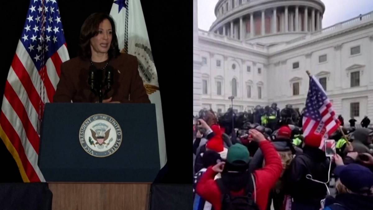 Click to play video: 'Kamala Harris reflects on ‘violence, chaos, and lawlessness’ of Jan. 6 attack on US Capitol'