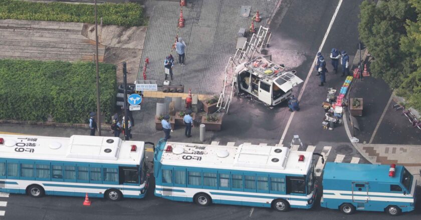 Man arrested after firebombs thrown at Japan’s ruling party HQ and car driven into security fence around PM’s office | World News