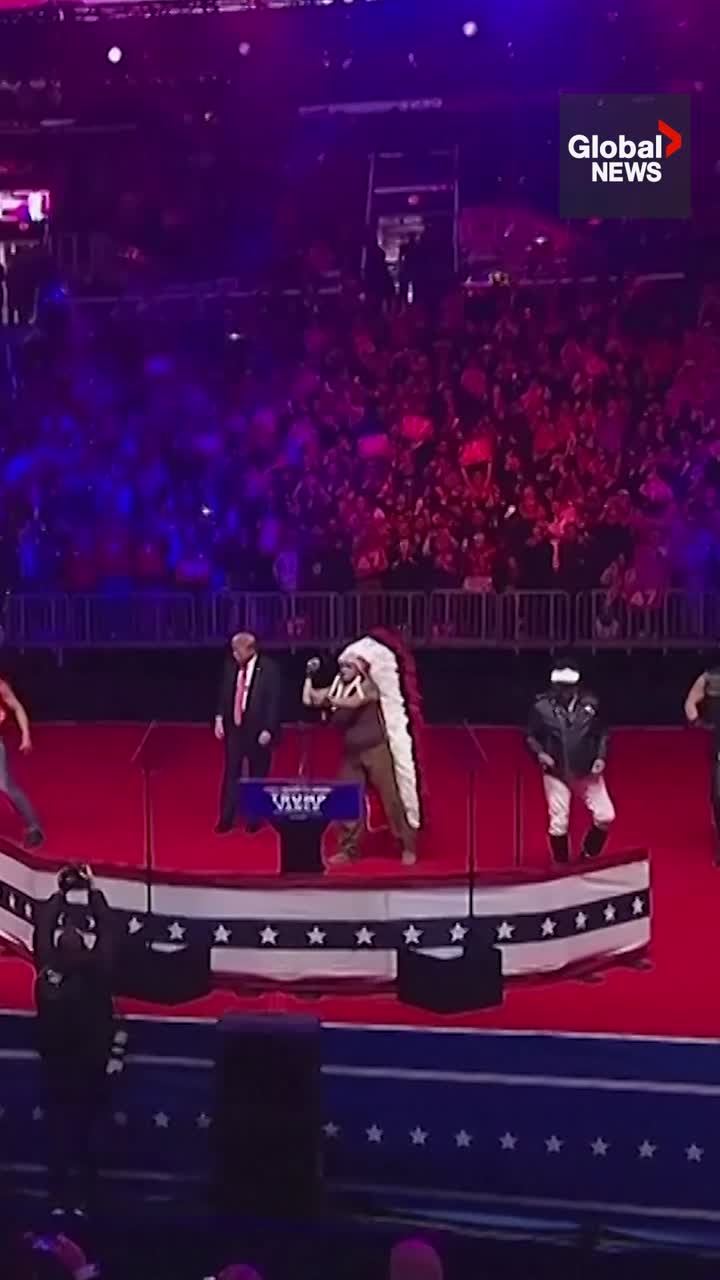 Click to play video: 'Trump dances to ‘YMCA’ with The Village People at pre-inaugural rally'