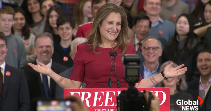 Freeland pledges ‘dollar-for-dollar’ tariff retaliation in Liberal leadership launch – National