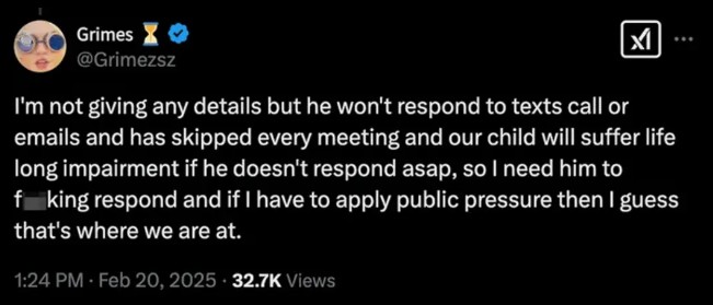 Grimes pleads with Elon Musk for him to contact her over child’s ‘medical crisis’ - National 4 A screenshot of Grimes post on X.