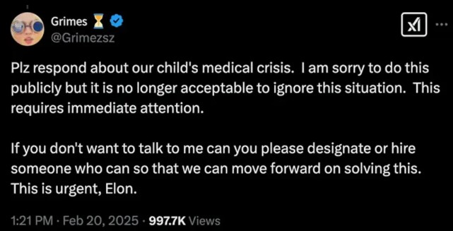 Grimes pleads with Elon Musk for him to contact her over child’s ‘medical crisis’ - National 3 A screenshot of Grimes post on X.