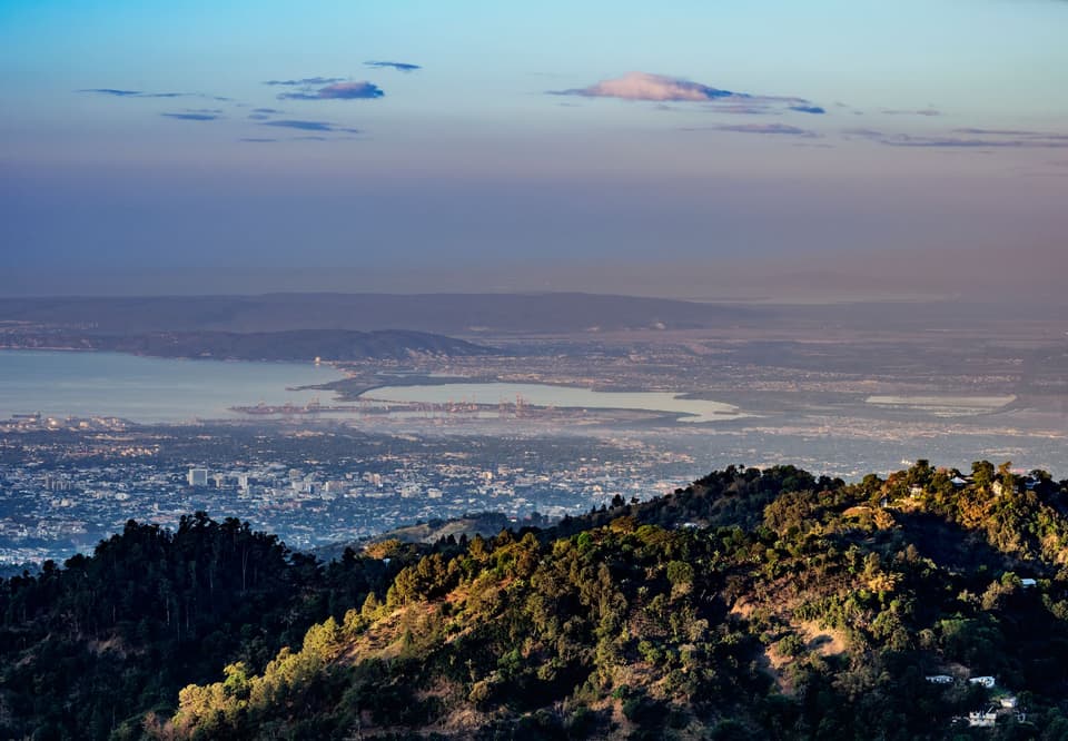 View over Blue Mountains towards Kingston at sunrise, Saint Andrew Parish, Jamaica, West Indies, Caribbean, Central America