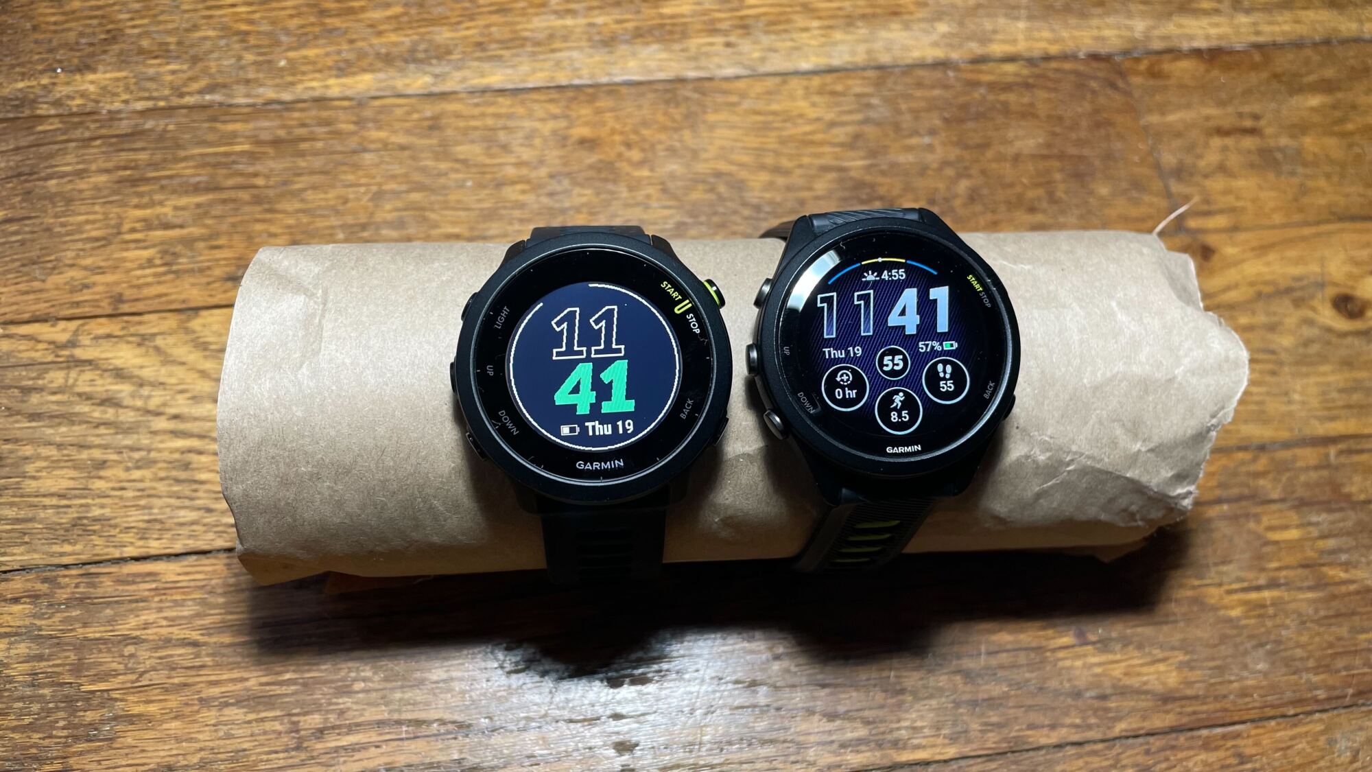 Which Is the Better Watch Display, MIP or AMOLED? 4 Left: Garmin Forerunner 55 (MIP). Right: Garmin Forerunner 265S (AMOLED)