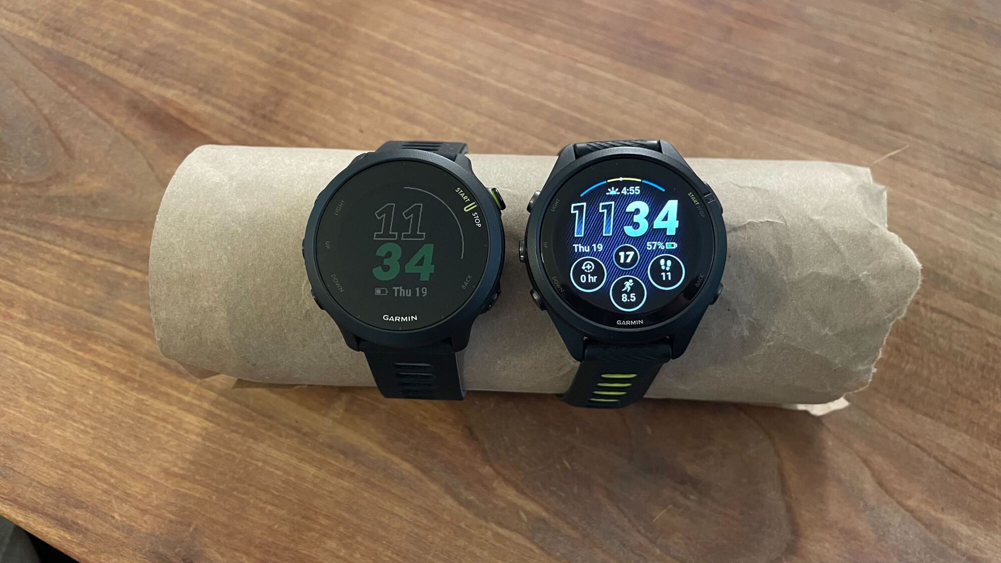 Which Is the Better Watch Display, MIP or AMOLED? 8 Left: Garmin Forerunner 55 (MIP). Right: Garmin Forerunner 265S (AMOLED)