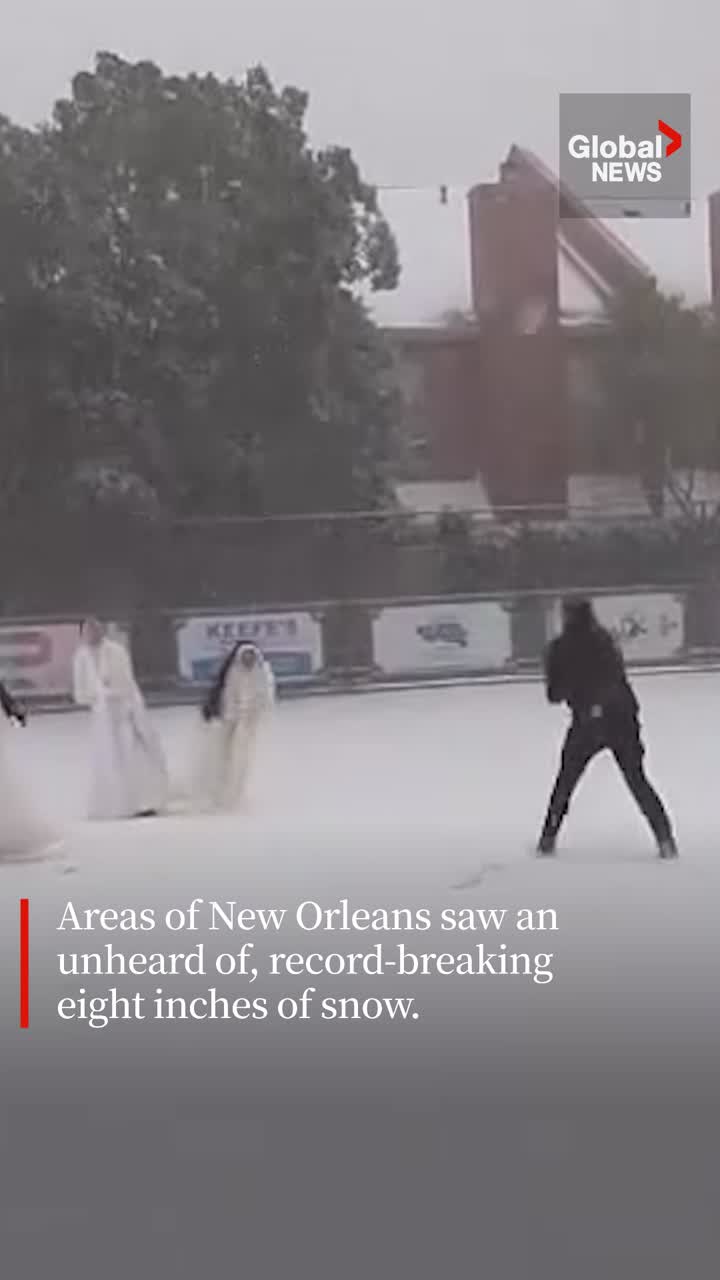 Click to play video: 'Priest vs. Nuns: Catholic clergy have epic snowball fight after rare blizzard in New Orleans'