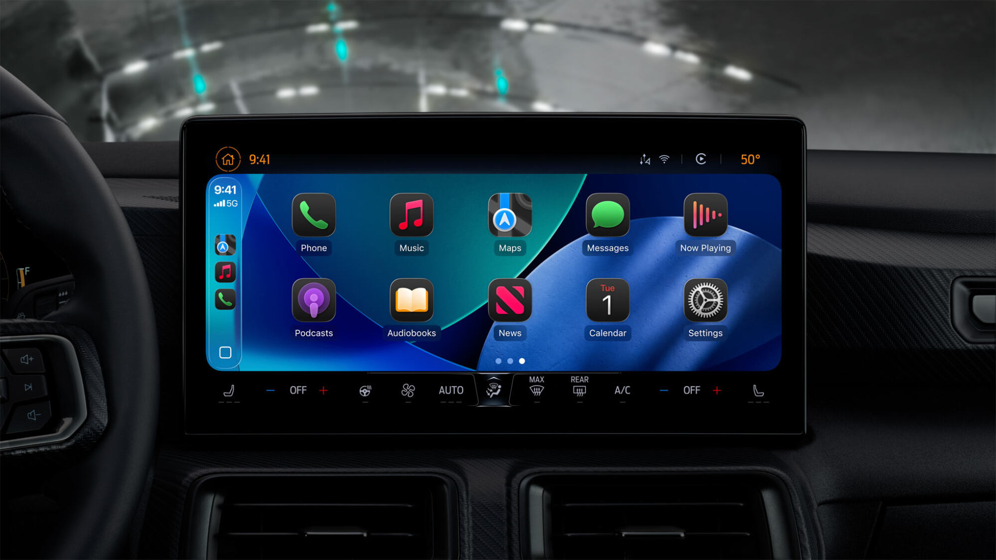 All the New CarPlay Features in iOS 26 5 A car head unit showing the new Liquid Glass icons in dark mode.
