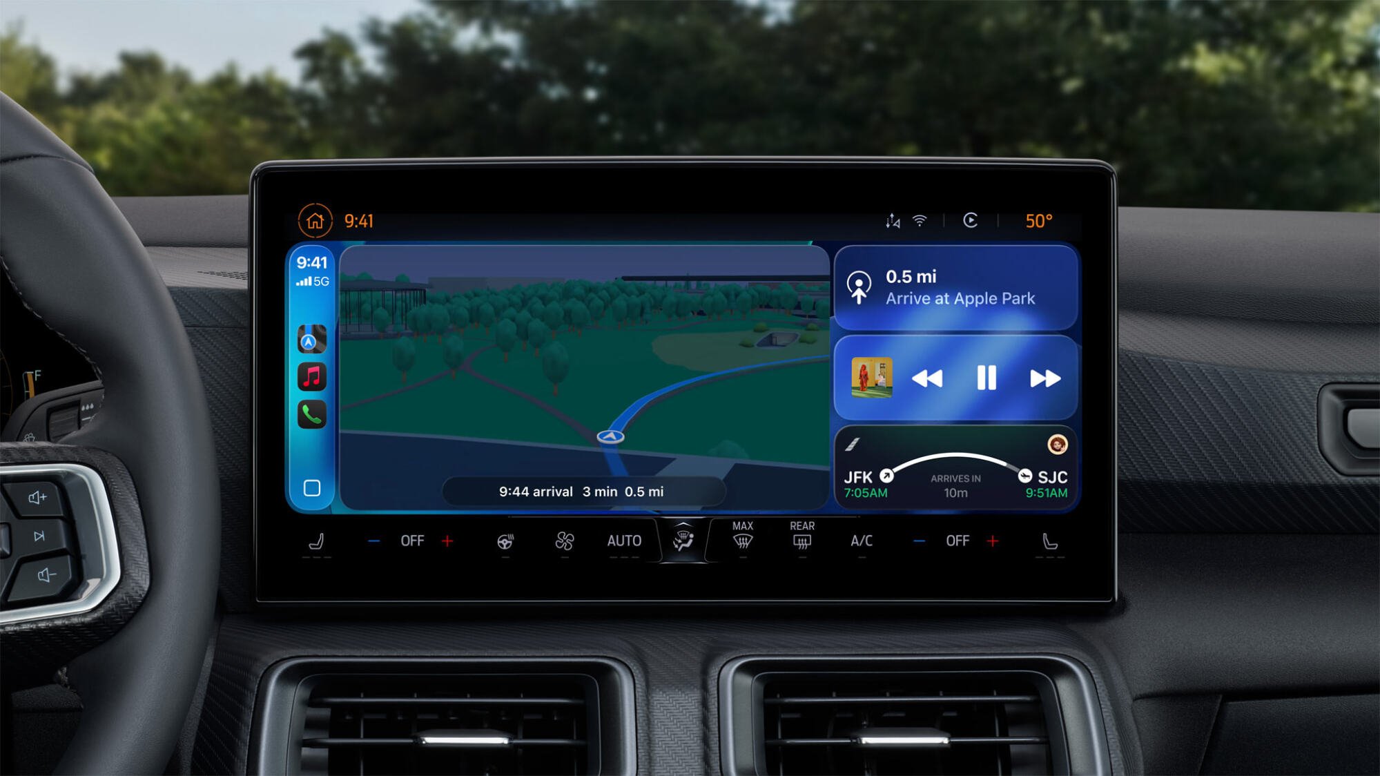 All the New CarPlay Features in iOS 26 2 A car head unit with navigation instructions on the left and Live Activities on the right.