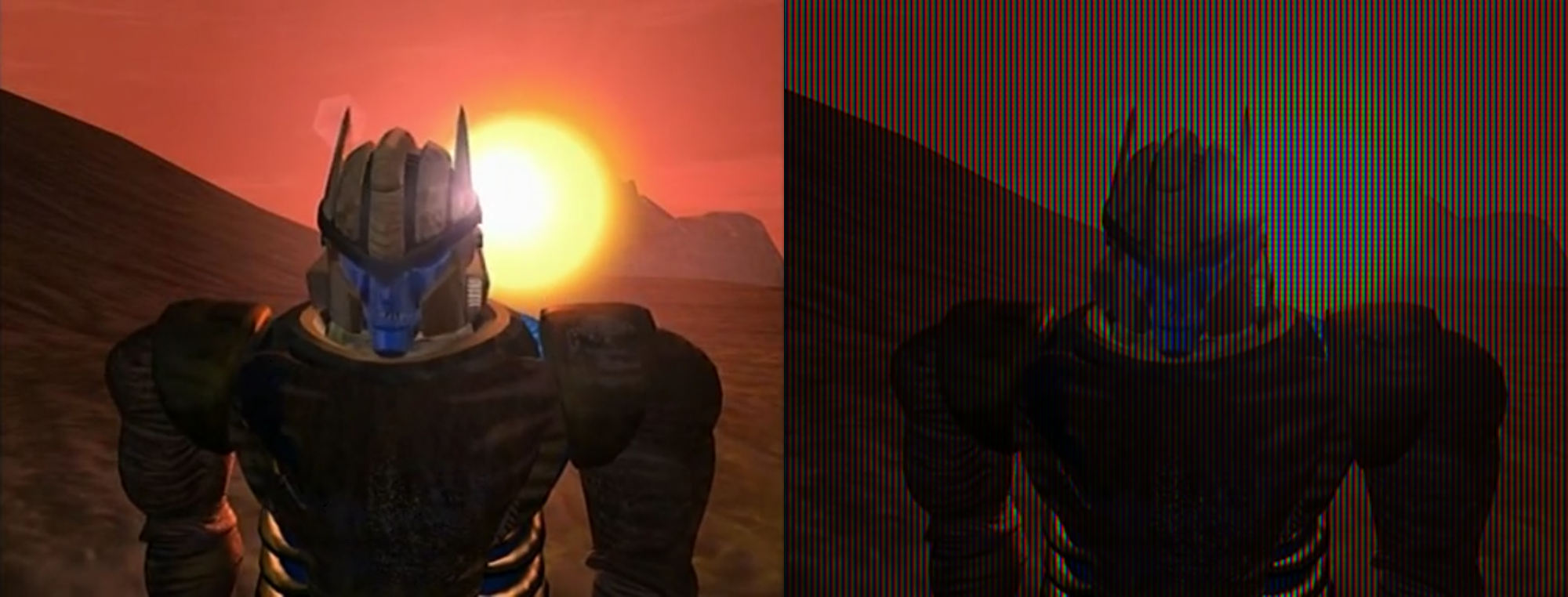 I Switched From Premiere Pro to DaVinci Resolve, and I'll Never Look Back 3 Side-by-side comparison of an image from Beast Wars, with and without a CRT pixel effect.