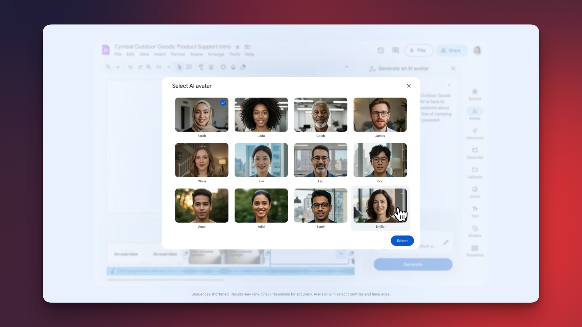 Google's Browser-Based Video Editor Is Now Available for Free 3 Google Vids's paid tier showing the AI Avatar selection feature.