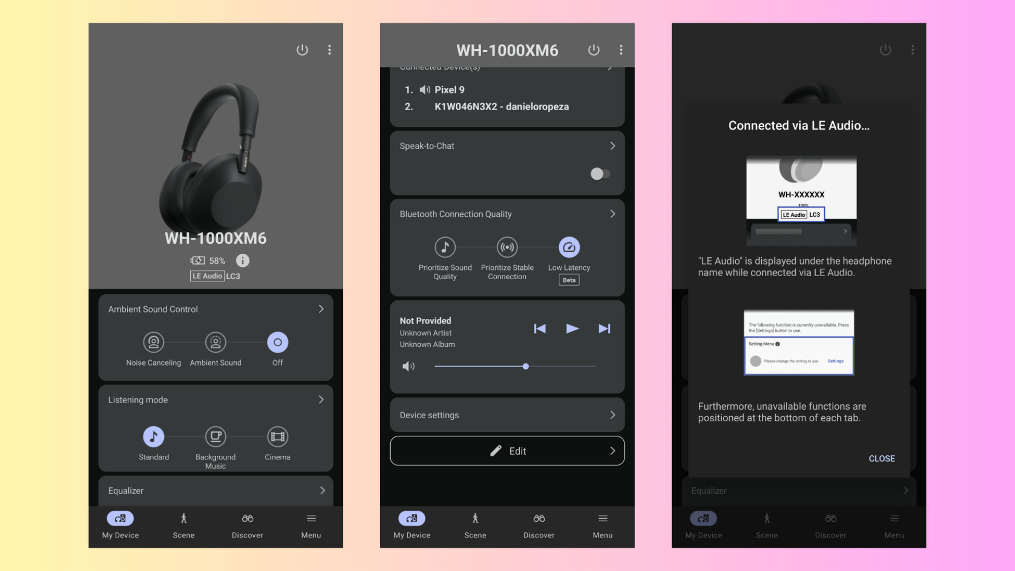 I Tried the New LE Bluetooth Audio on the Sony WH-1000XM6 Headphones 2 Screenshot of the SOund Connect app