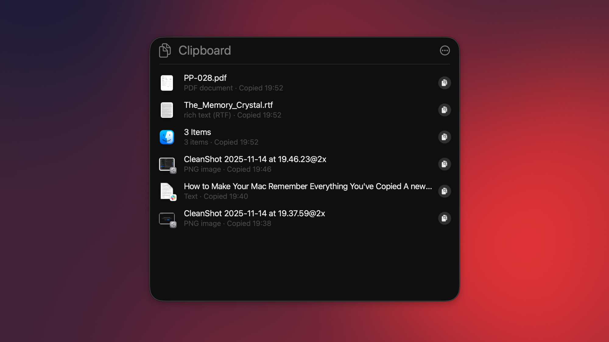 Viewing clipboard history in macOS Tahoe.