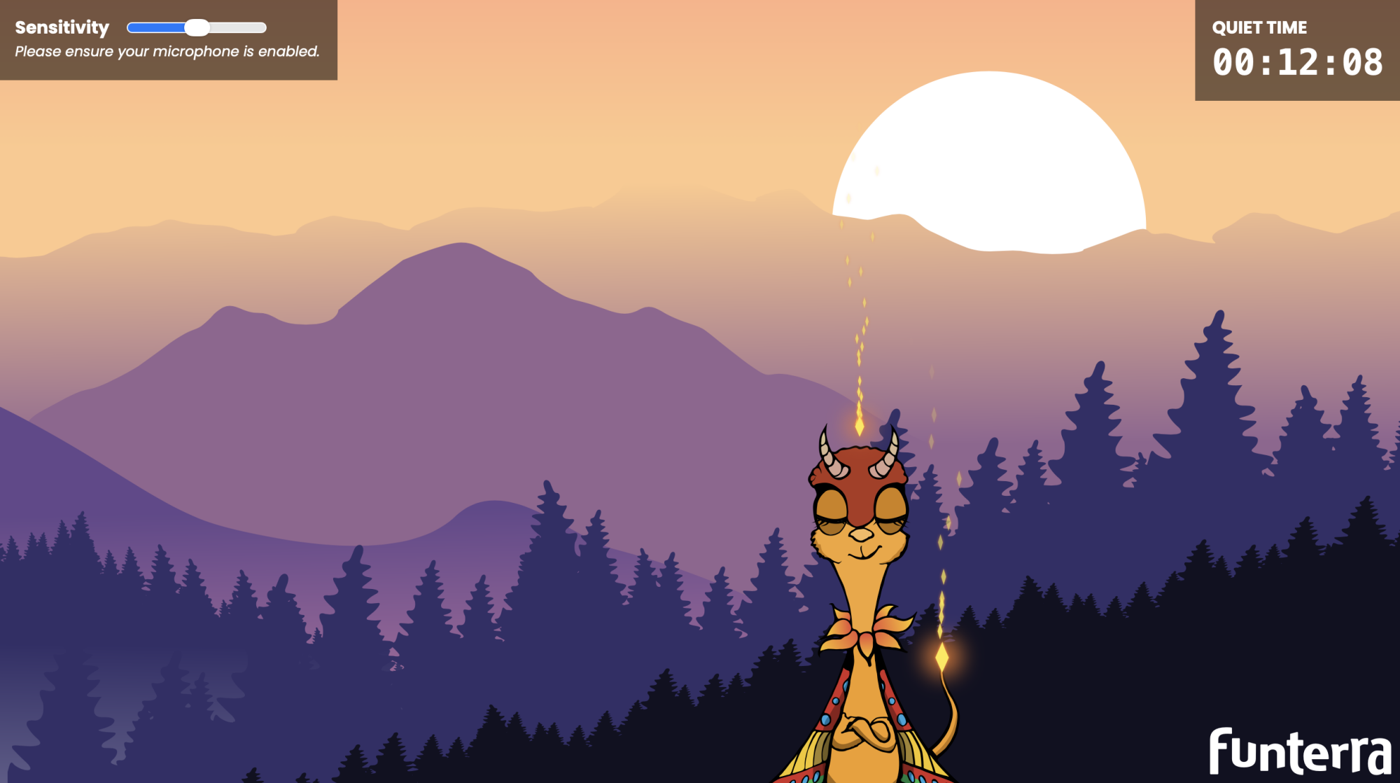 A cartoon character is meditating in front of mountains at sunset in this screenshot.