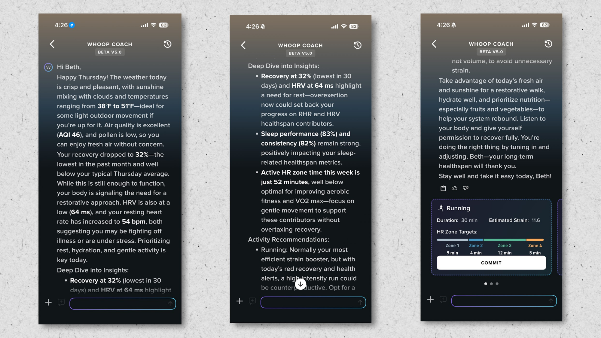 Screenshots of conversation with Whoop Coach