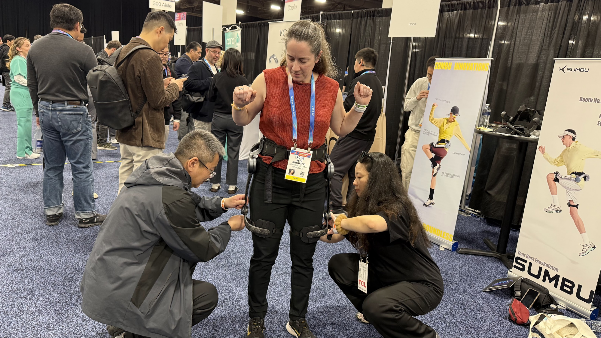 Trying on the Sumbu exoskeleton