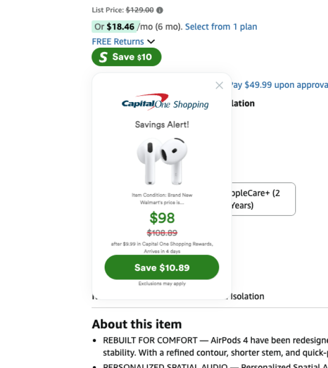 Screenshot from Amazon using the Capital One Shopping browser extension
