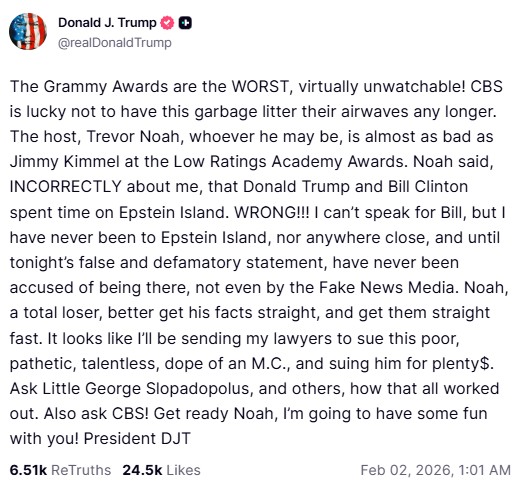 A screengrab of Donald Trump's Truth Social post.