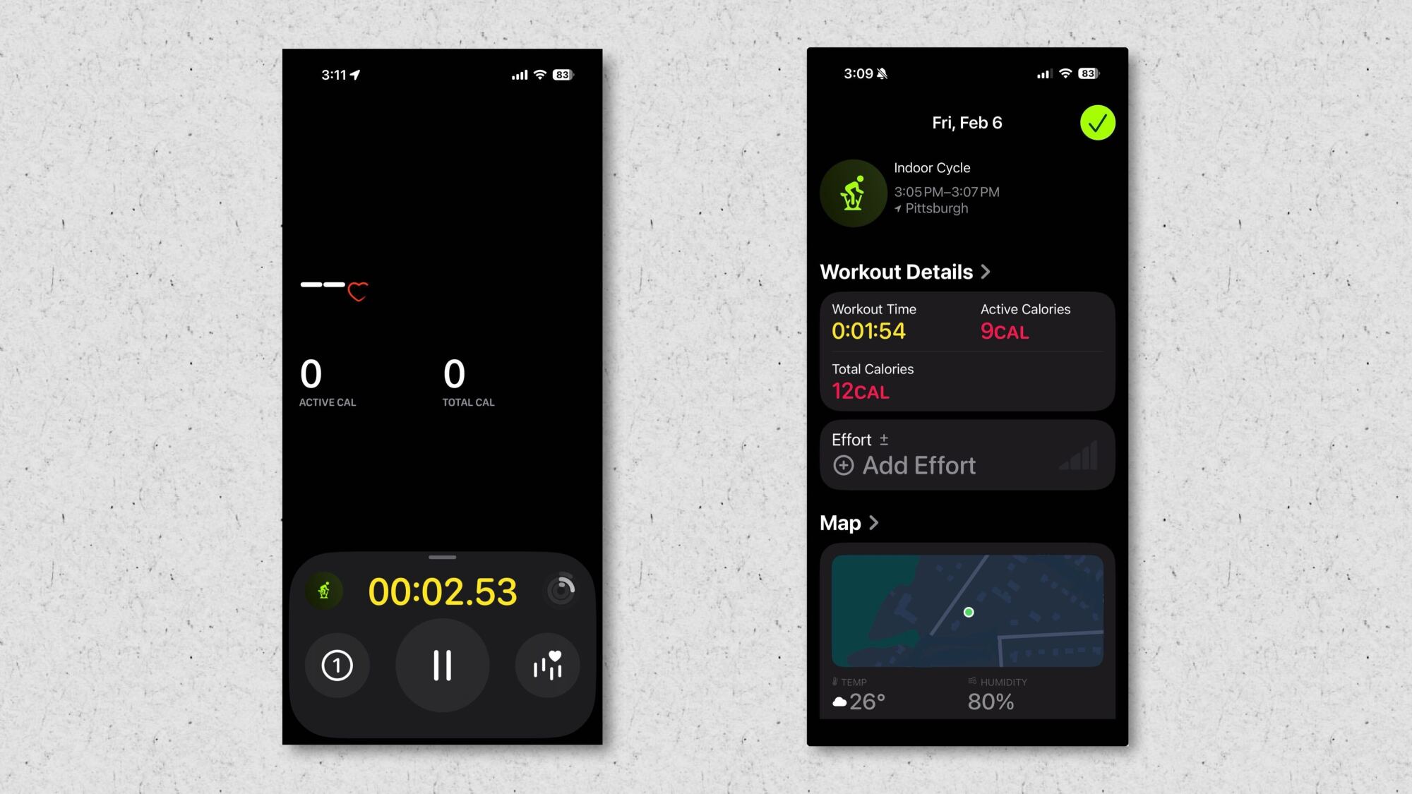 Screenshots of a workout (in progress and afterward) recorded without the watch