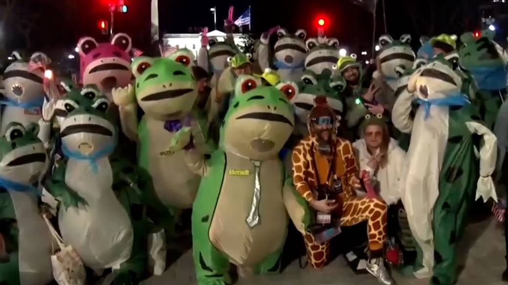 Click to play video: '‘State of the Swamp’: Demonstrators dressed as frogs protest Trump’s State of the Union address'