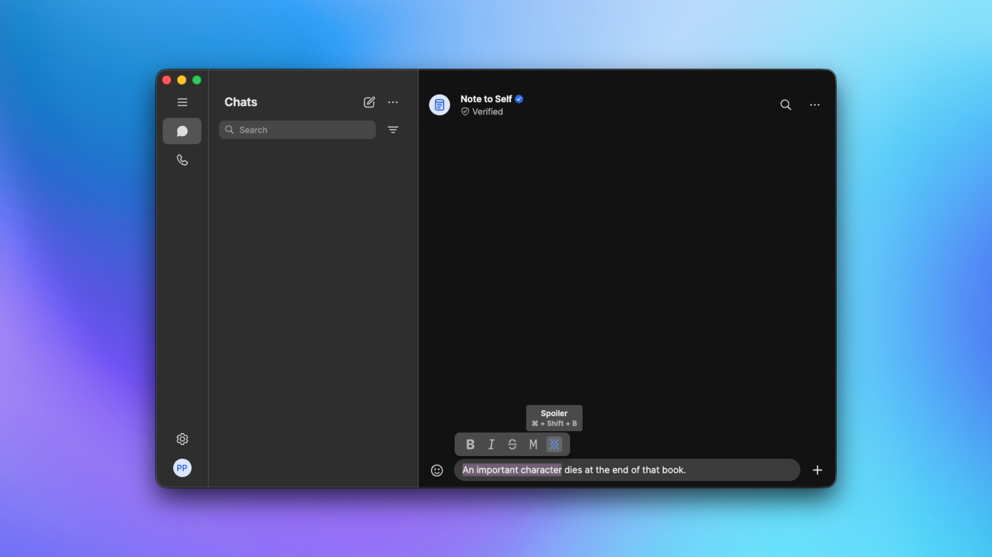 Spoiler formatting in Signal for Mac.