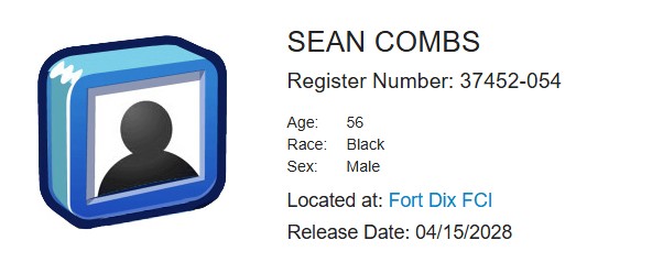A screenshot of Sean Combs inmate details.