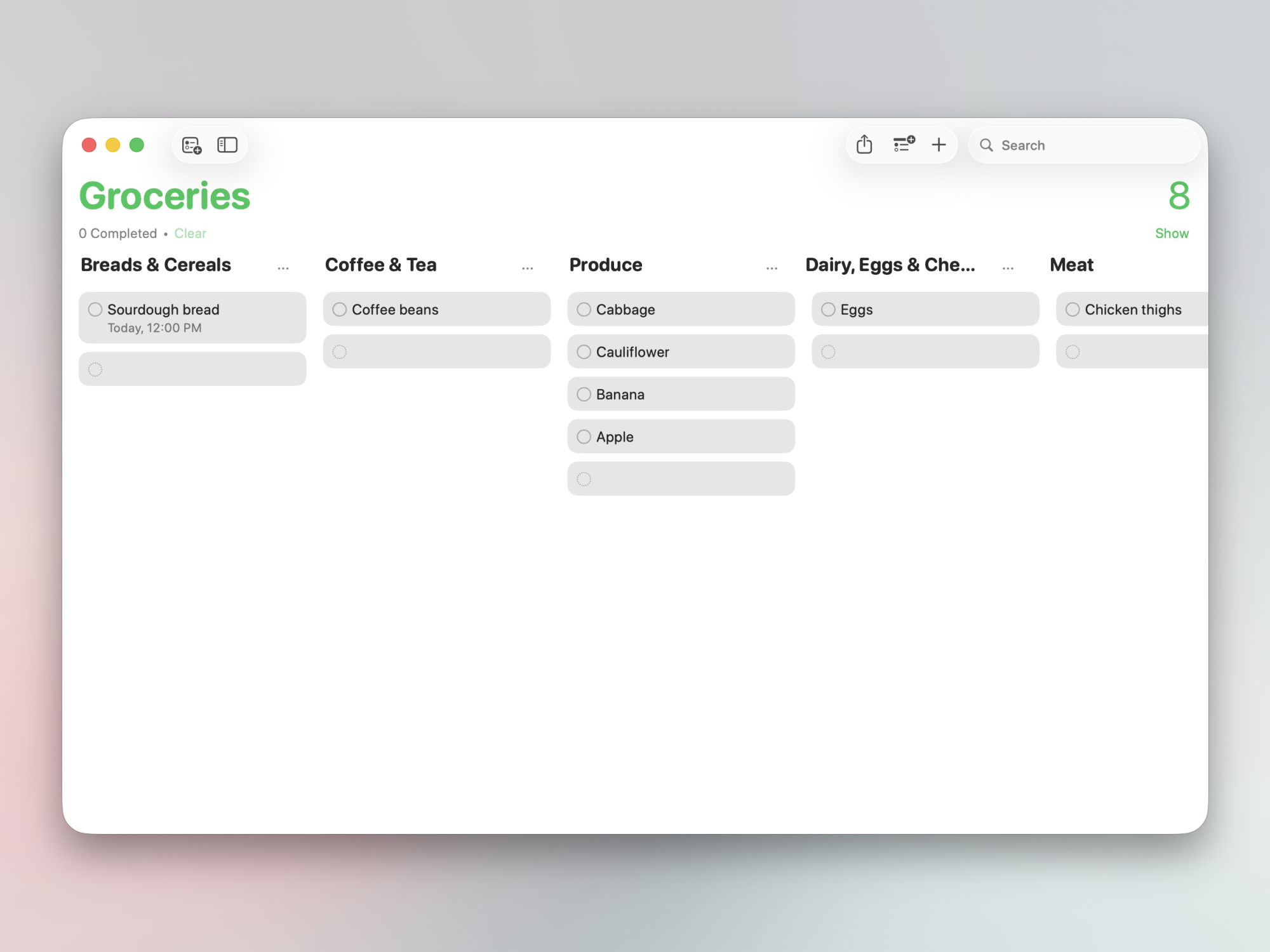 Kanban View in Reminders.