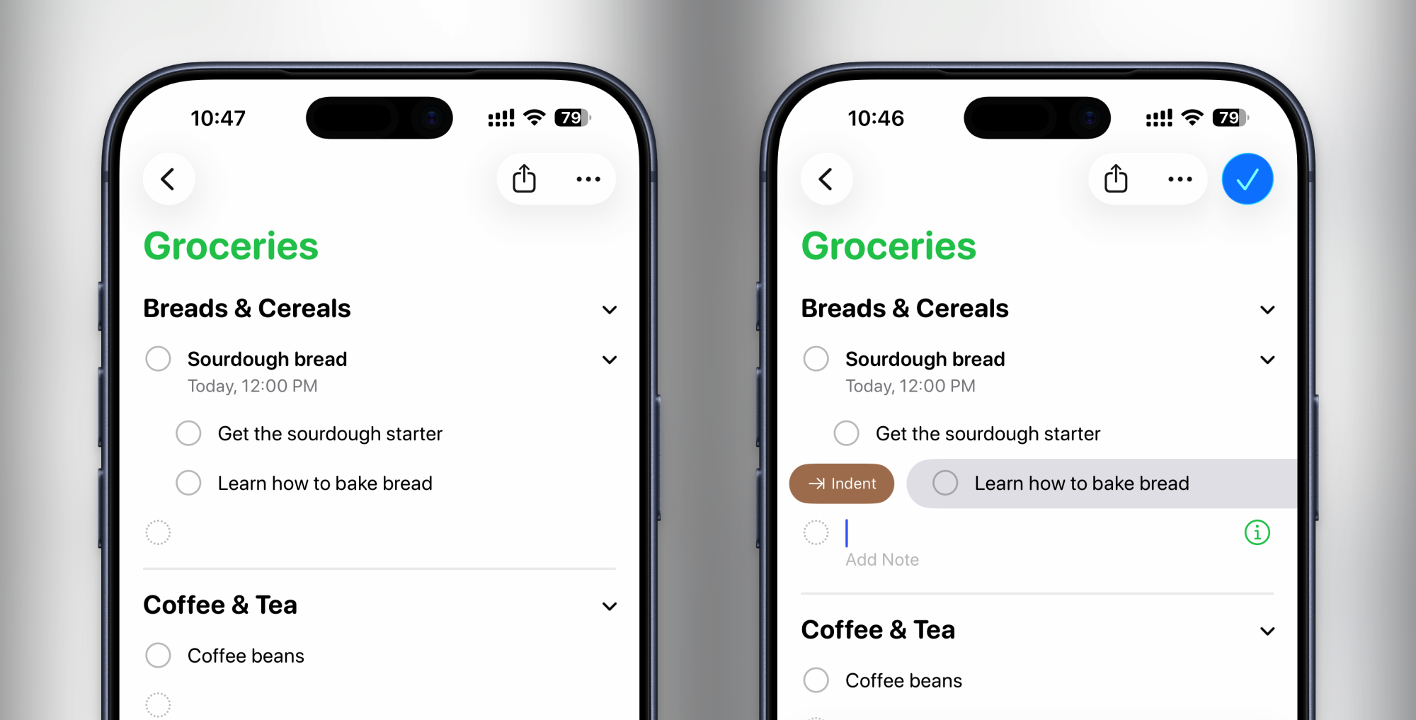 Subtasks in Reminders app.