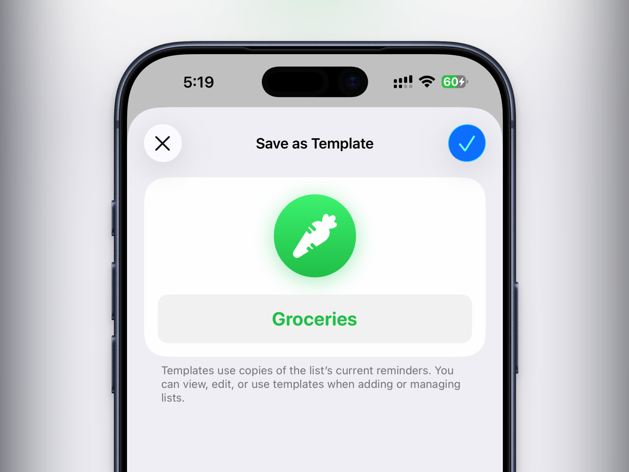 Reminders templates on iPhone.