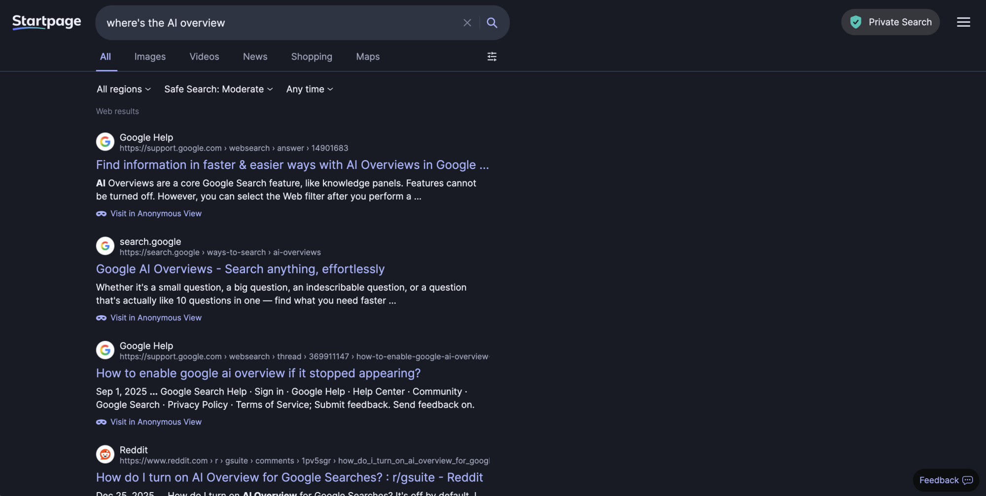 startpage results