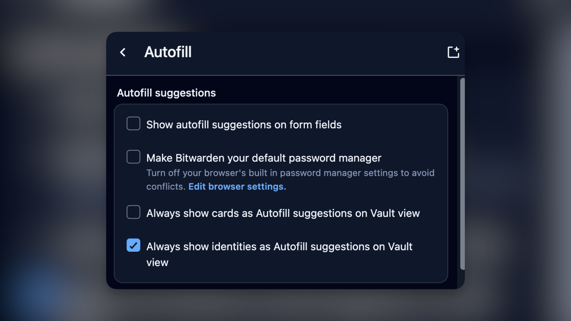 Disabling autofill features in Bitwarden.