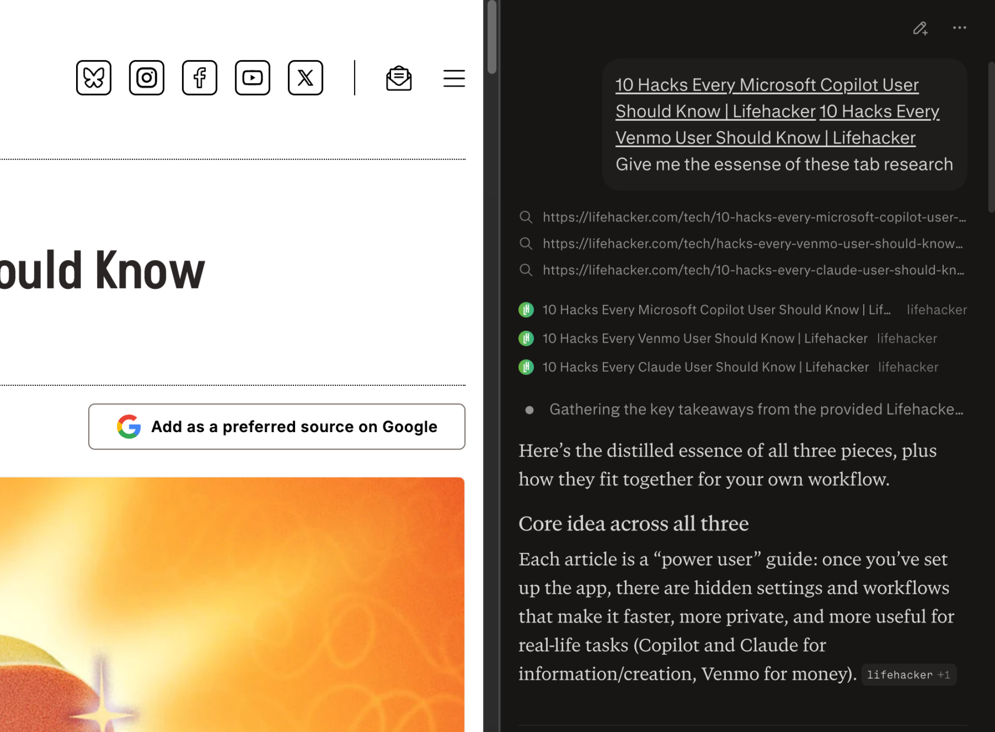Multi tab research in Comet.