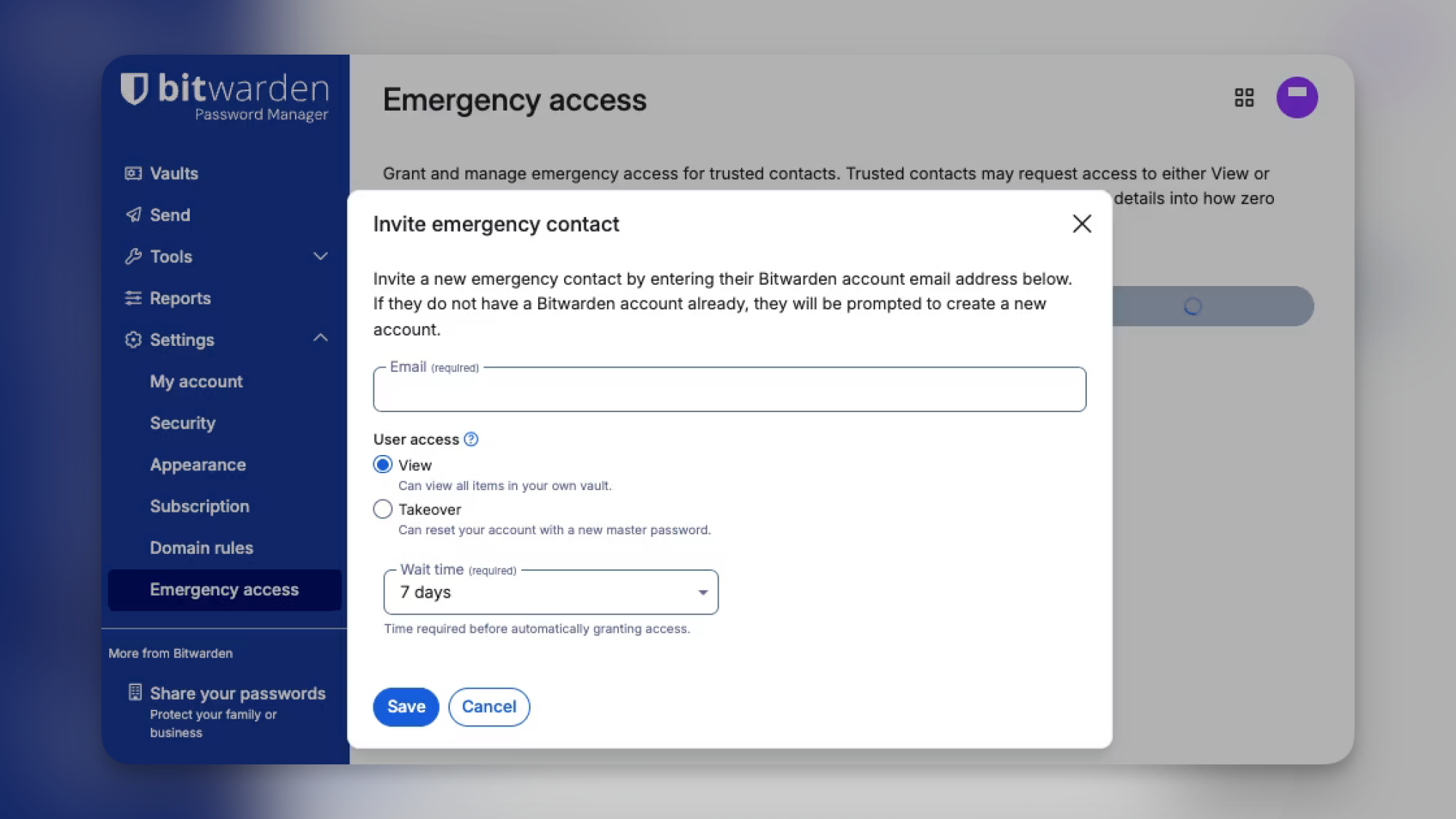 Bitwarden Emergency Access.