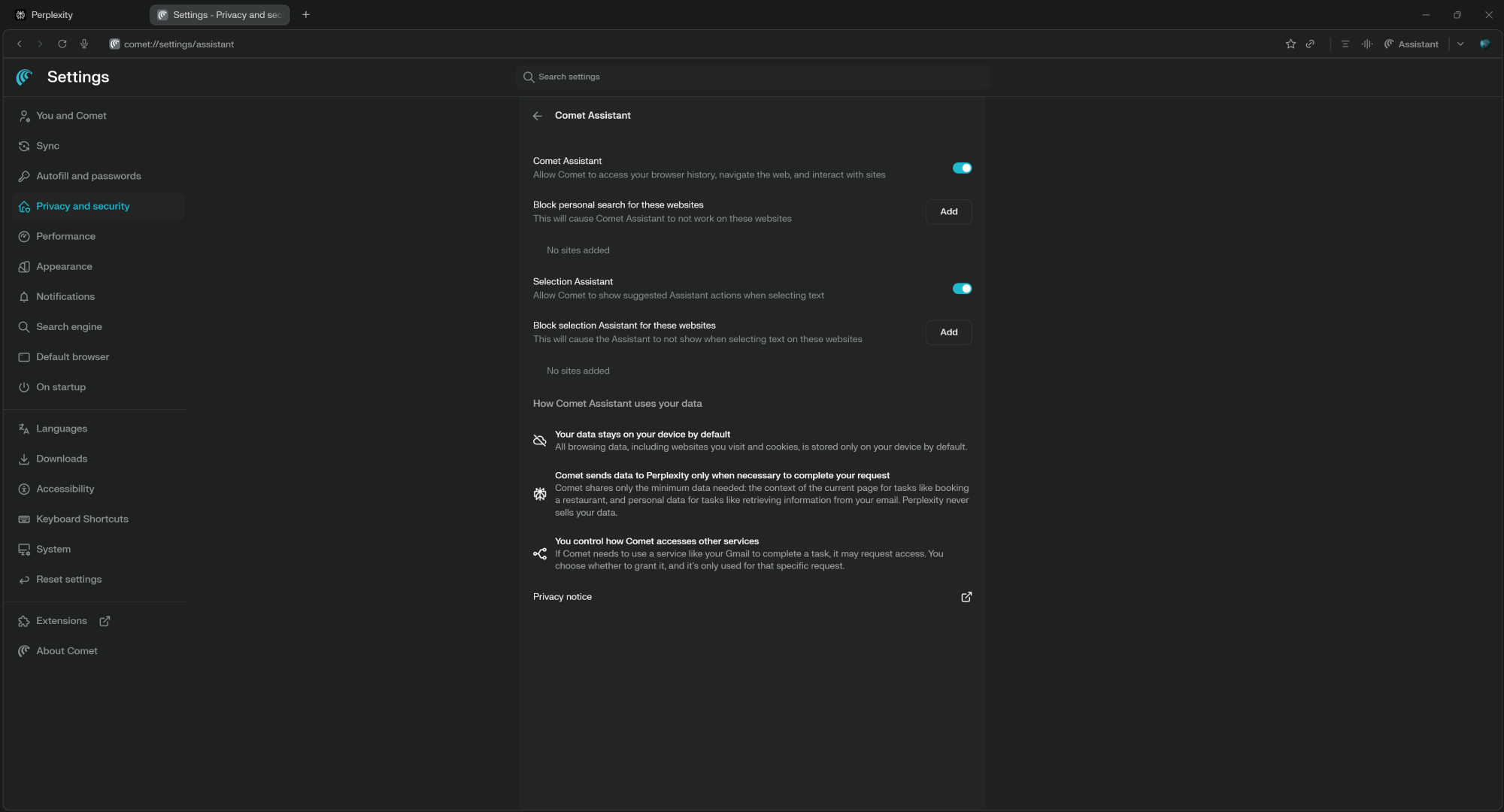 Restrict access to sensitive sites when using Comet
