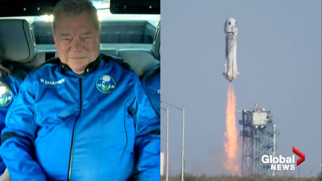 Click to play video: 'William Shatner blasts off to space for 1st time aboard Jeff Bezos’ Blue Origin spacecraft'