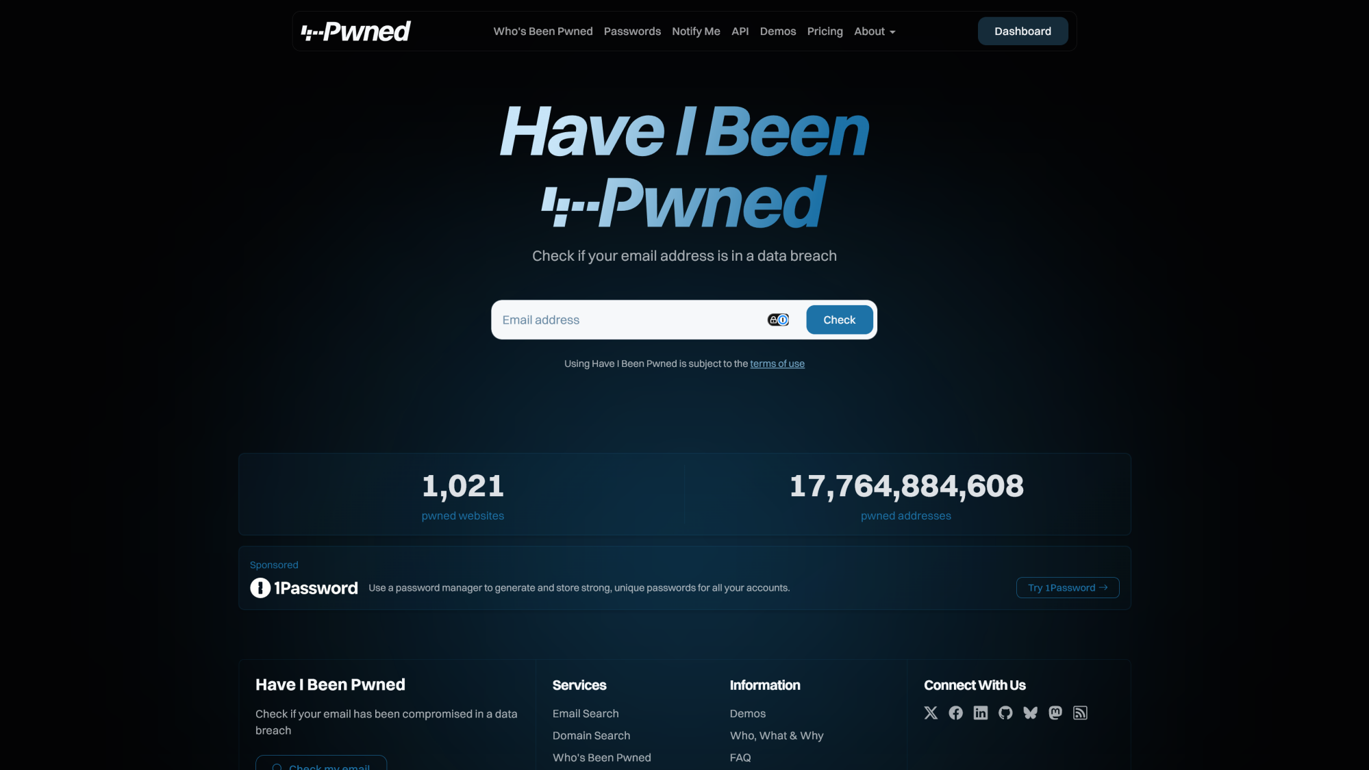 The home page of the Have I Been Pwned website, displaying a search bar that lets you check your email for data leak exposure.