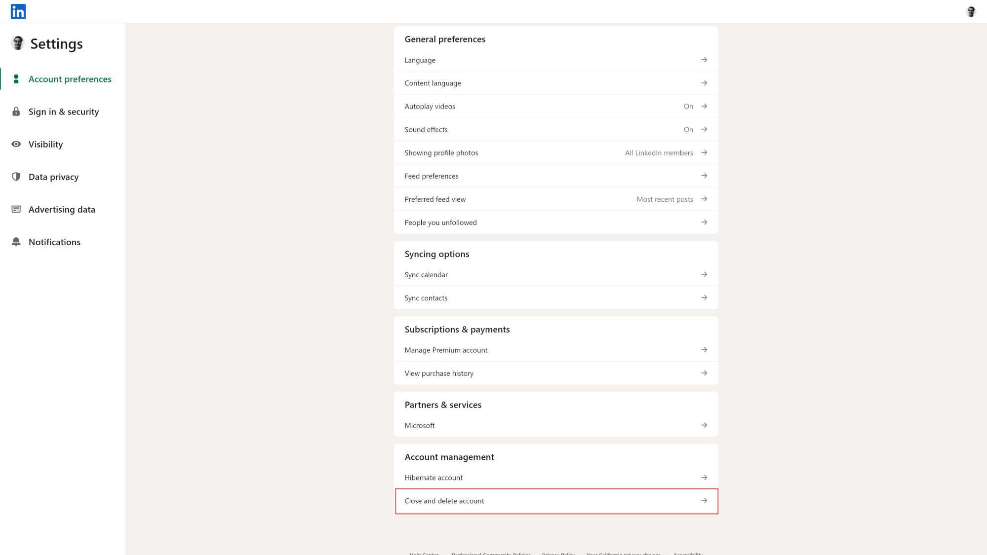 LinkedIn's settings page, showing the 'Close and delete account' option under the 'Account preferences' tab.