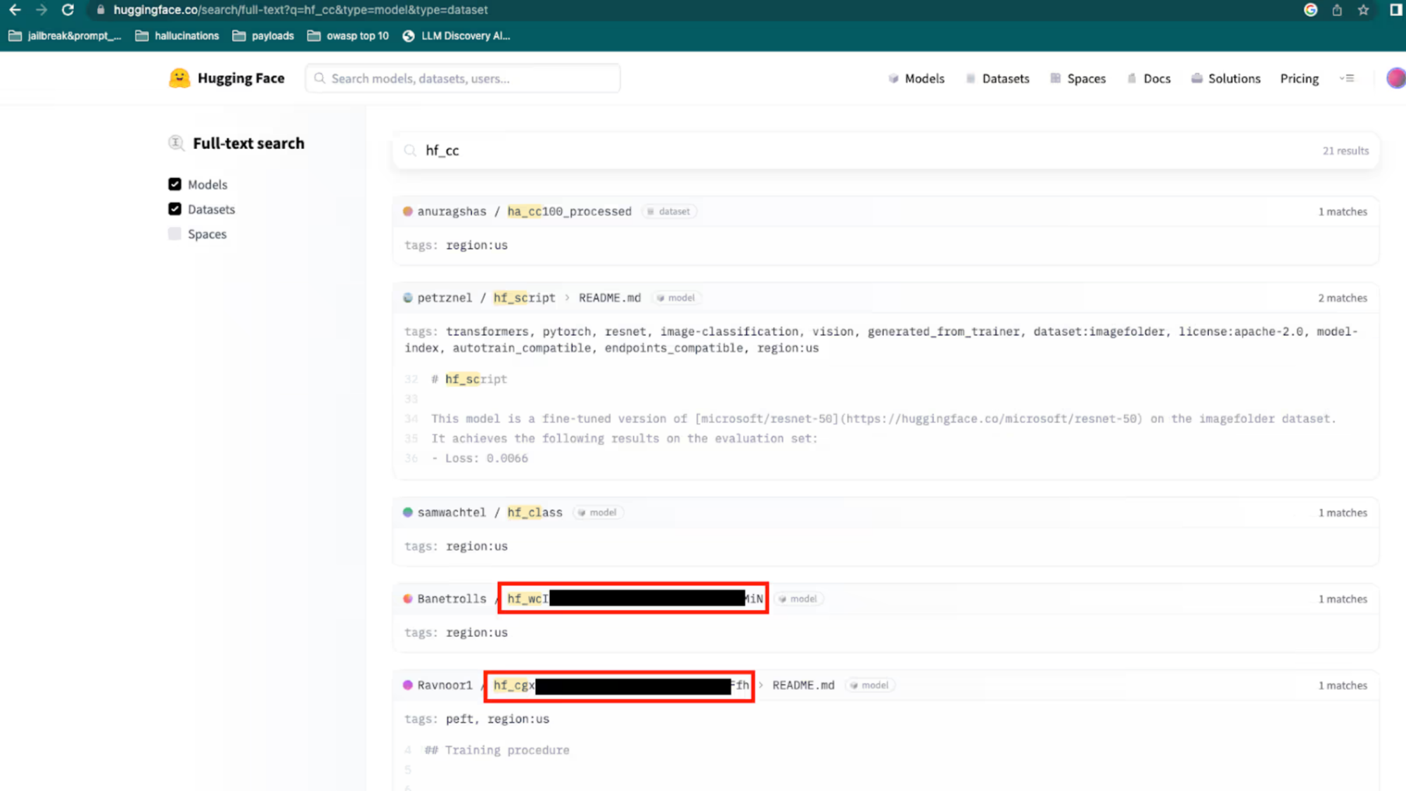 A full-text search of the Hugging Face portal revealing exposed APIs during Lasso Security's research.