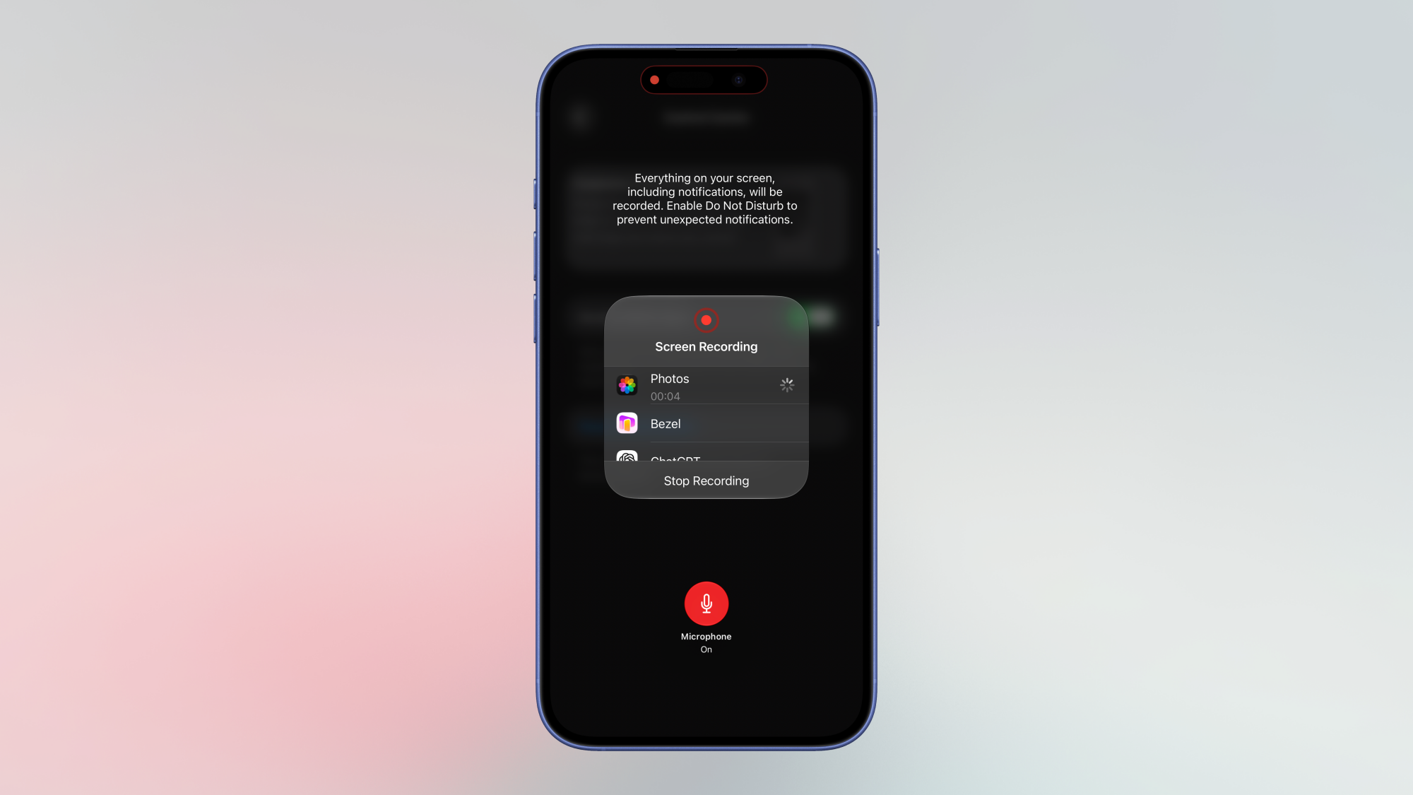 iPhone screen recording with microphone on.