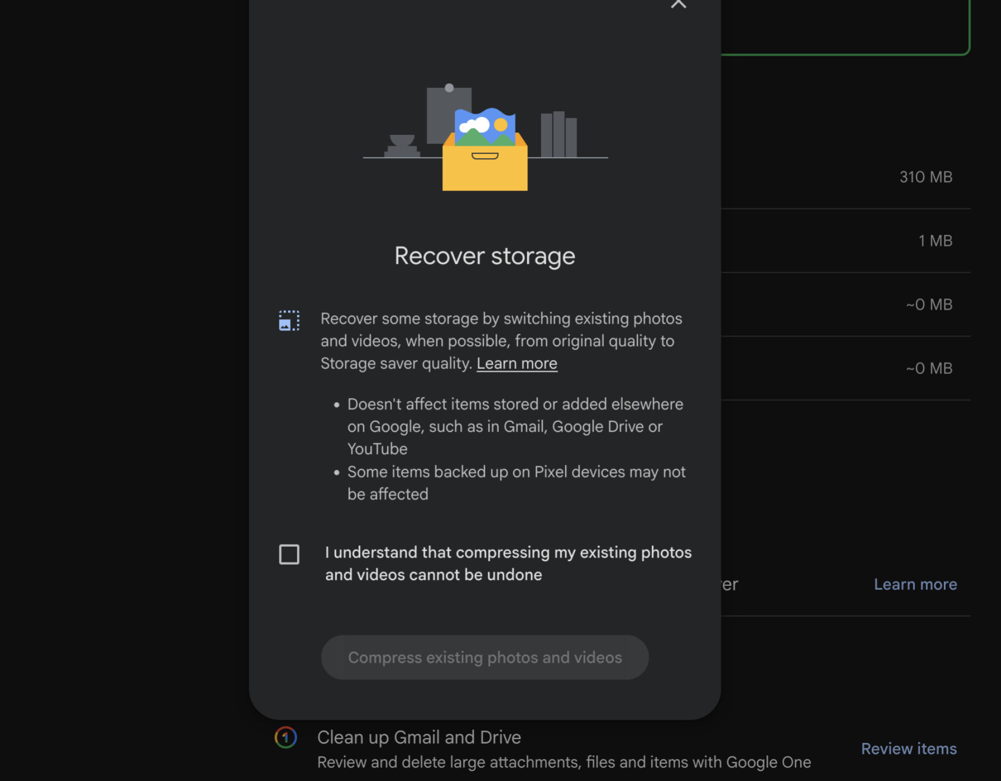 Recover storage feature in Google Photos.
