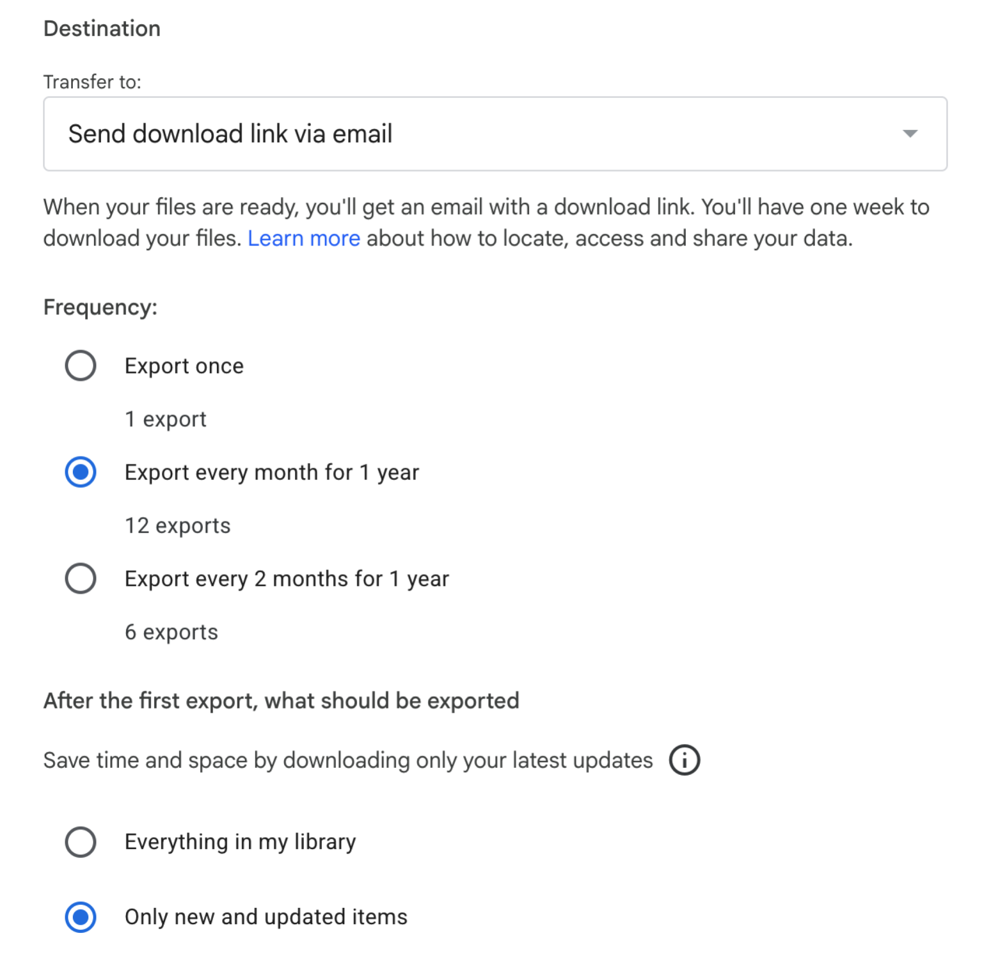 Google Takeout option for Google Photos.
