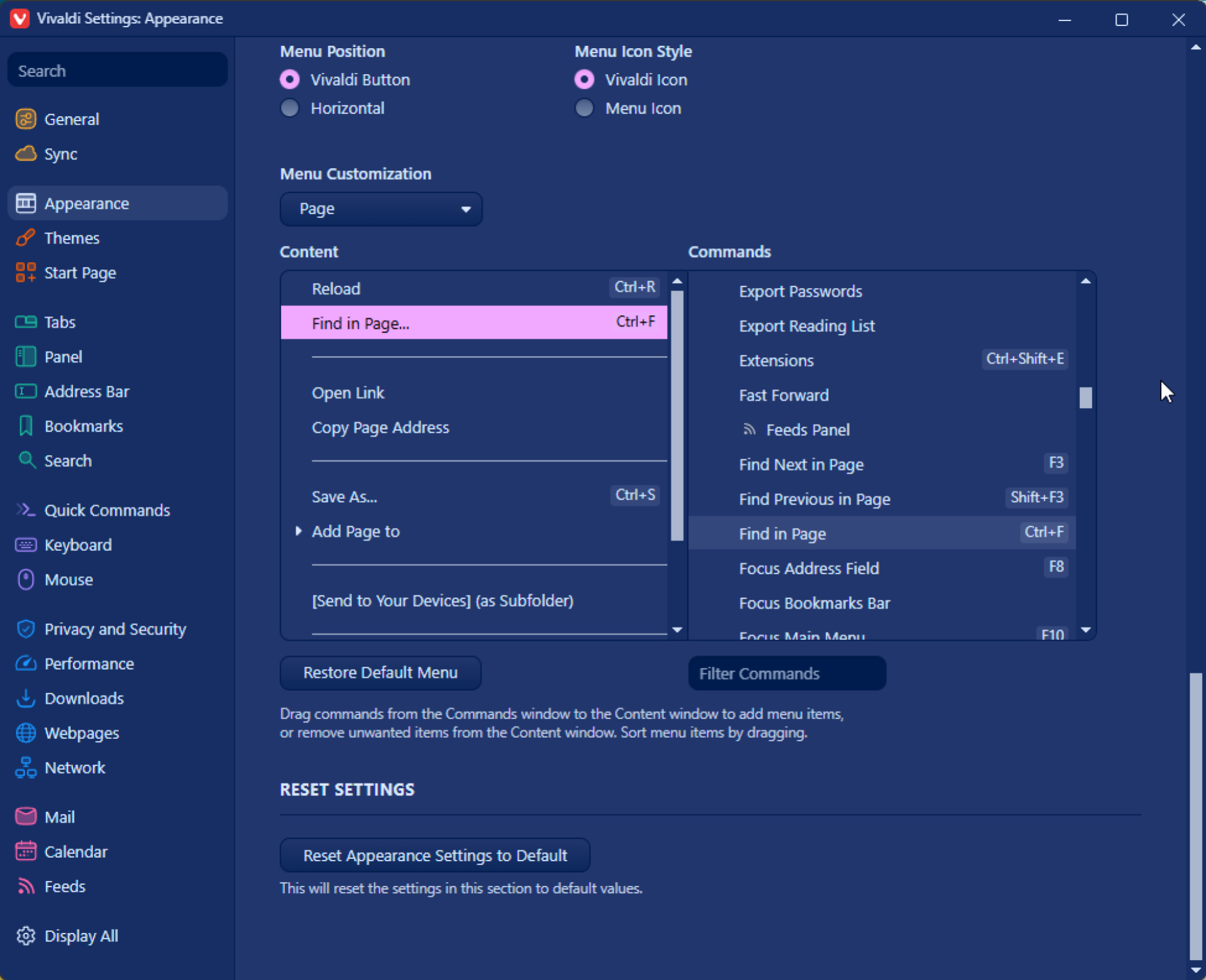 Vivaldi settings, showing the right-click customization menu.