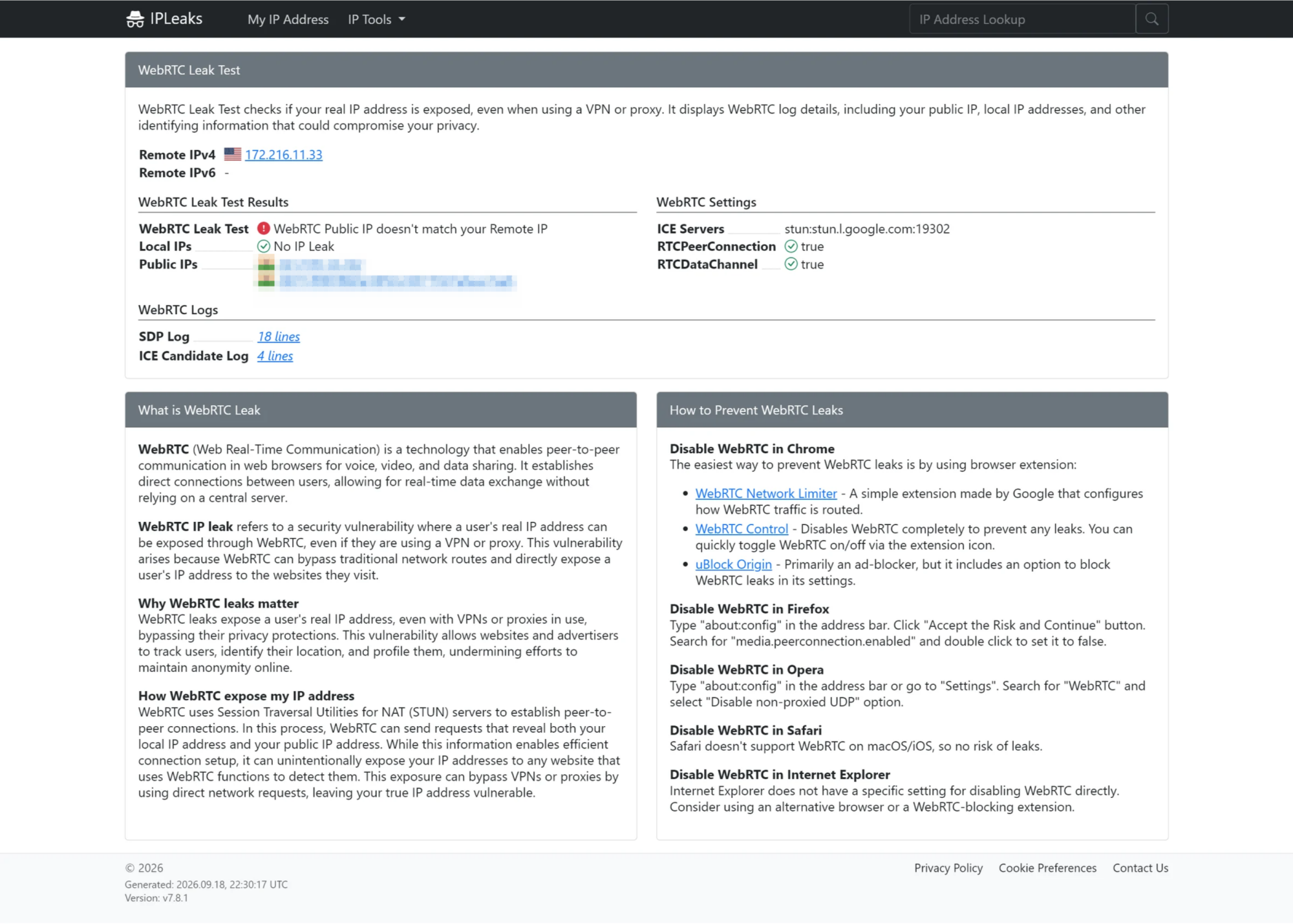 IPLeaks browser leak test for WebRTC connections